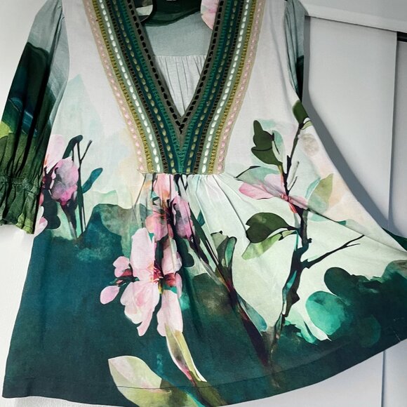 Anthropologie Bl^Nk London Stephanie Top Size XXS Green Floral V Neck Blouse 2 - Picture 11 of 15